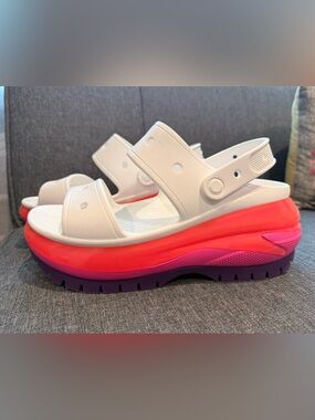 CROCS White Platform Sandals with Pink and Purple Layered Sole